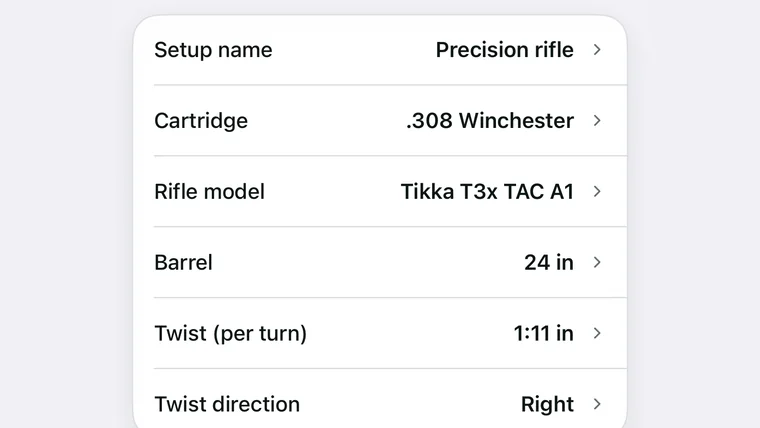 Equipment set detail: calibre, rifle model, barrel length, twist rate and twist direction