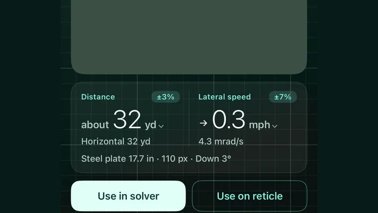 Visual range & speed: distance and lateral speed after locking onto a steel plate