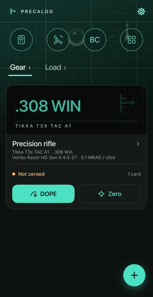 Home (dark mode): the gear library with a precision rifle and its DOPE and zero shortcuts