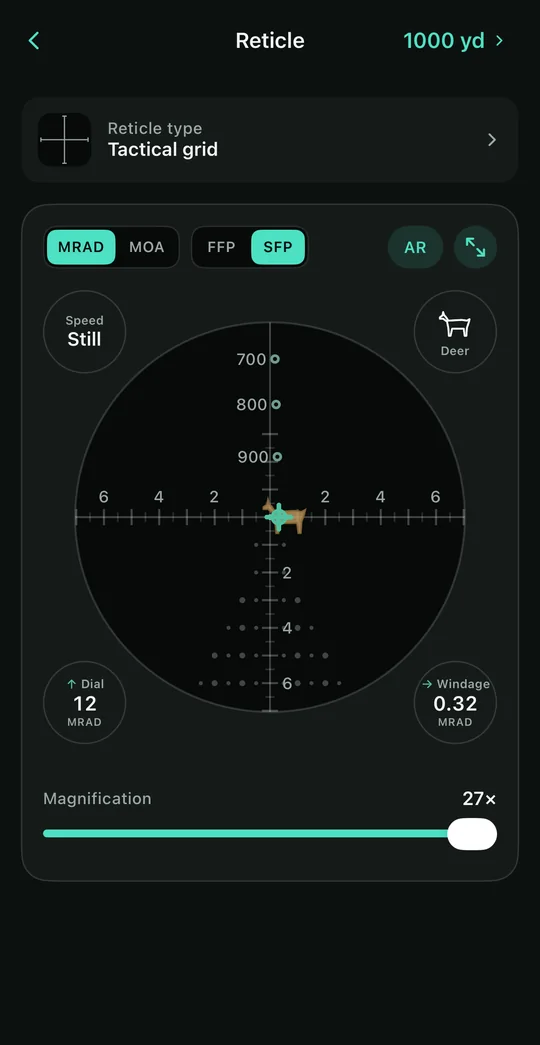 Dark mode: the reticle simulation on a dark background