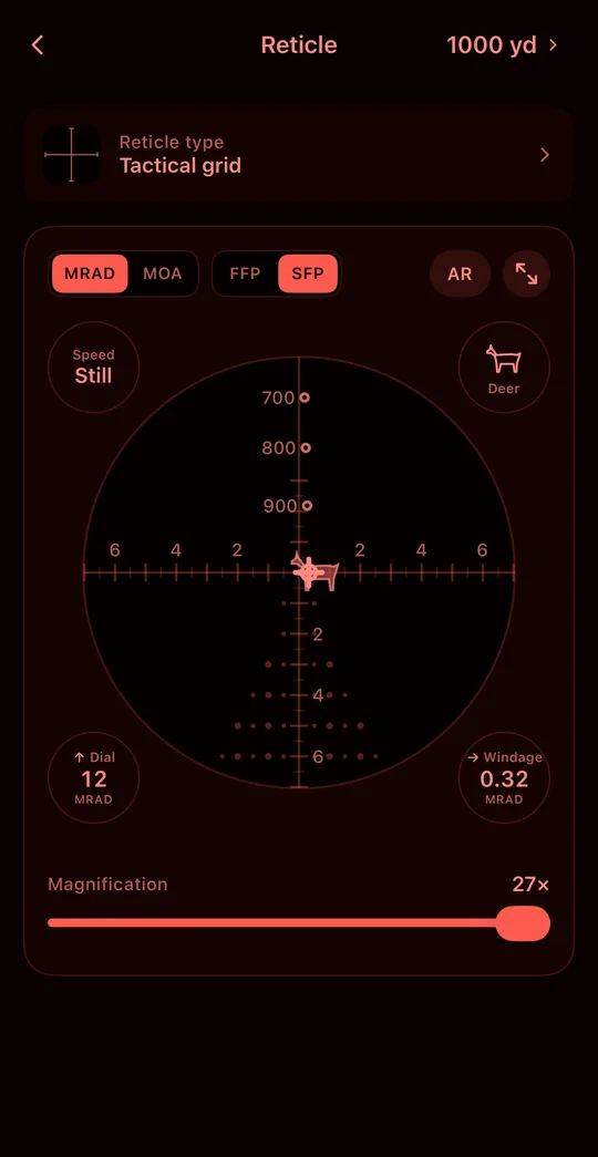 Night mode: the reticle simulation in a single red hue