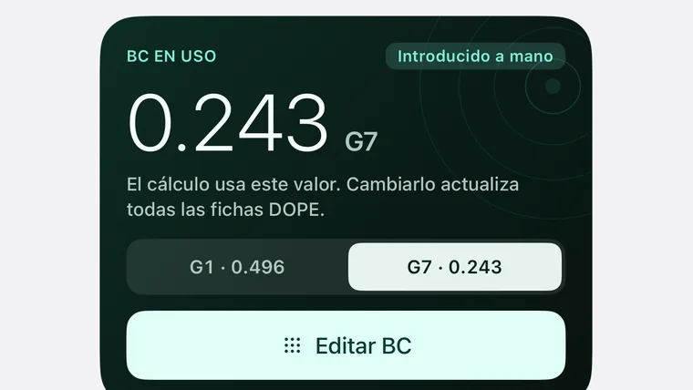 Detalle de la munición: BC G7 0,243 y cambio G1 / G7