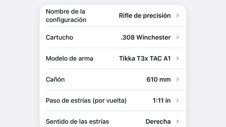 Detalle del conjunto: calibre, modelo, longitud de cañón, paso y sentido de estría