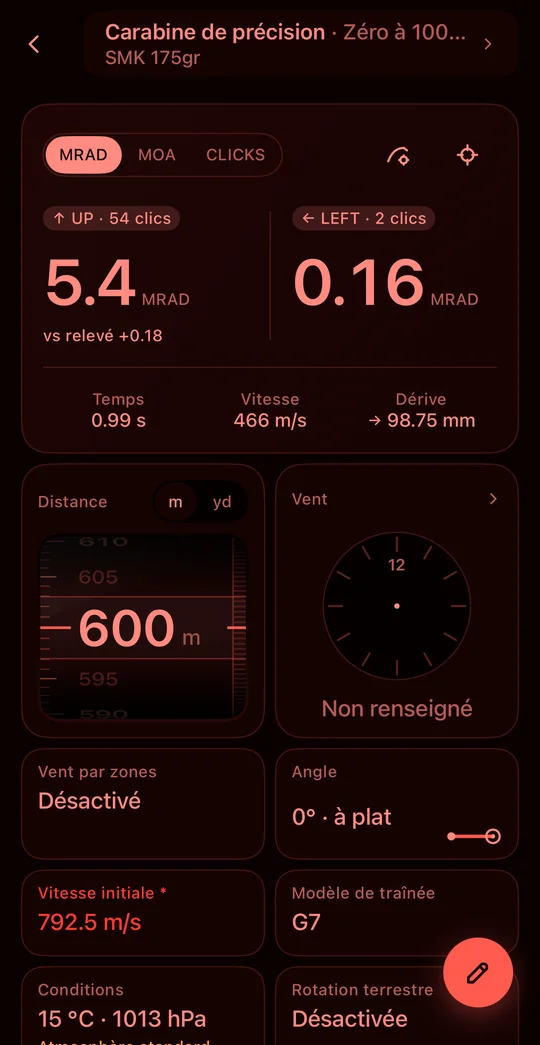 Mode nuit : le calculateur balistique en teinte rouge unique