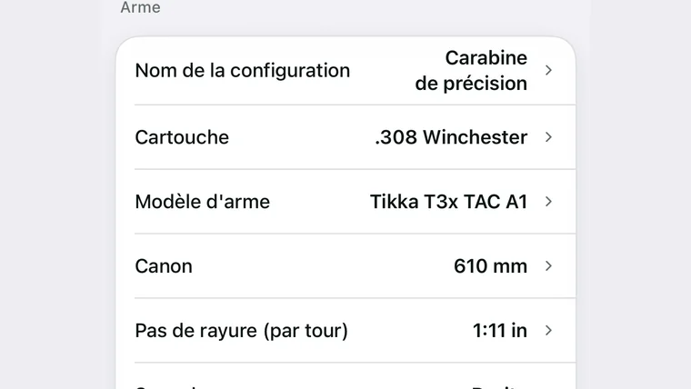 Détail de l’ensemble : calibre, modèle, longueur de canon, pas et sens de rayure