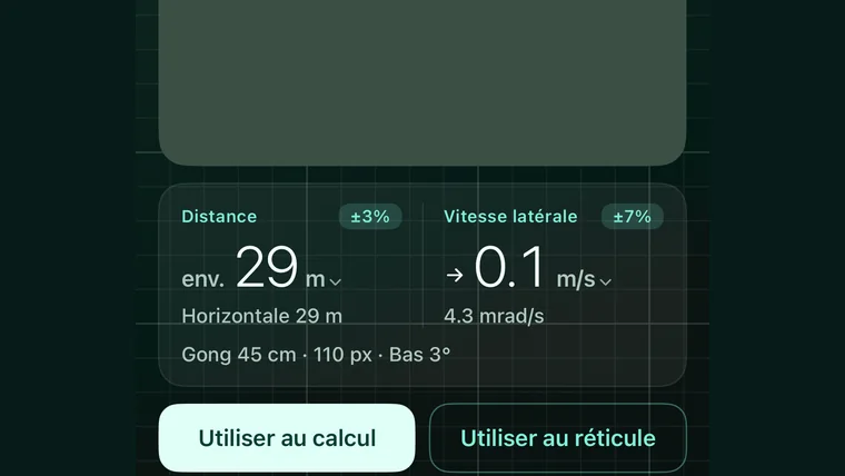 Télémètre et vitesse : distance et vitesse transversale après verrouillage sur un gong