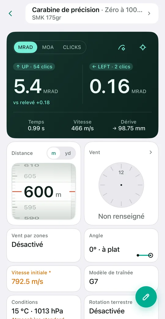Calculateur balistique (mode clair) : à 600 m, UP 5,4 MRAD et LEFT 0,16 MRAD